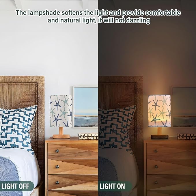 Table Lamp Nautical Starfish Pattern Nightstand Lamp with Wood Base Fabric Lamp Shade Bedside Desk Lamp for Living Room Bedroom Kids Room Office