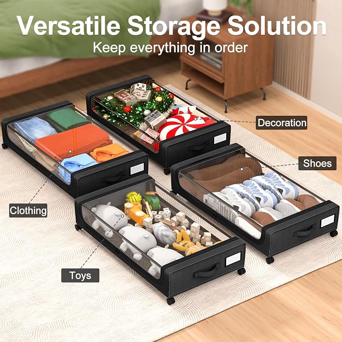 GoMaihe Under Bed Storage with Wheels 48L Black 4-Pack | Underbed Storage Containers with Lids Rolling Drawers & Bins for Shoes Clothes in Dorm Bedroom - Space-Saving Easy Pull-out