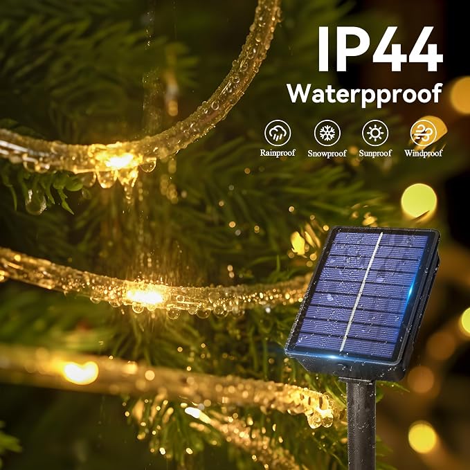 Ollny Solar Rope Lights Outdoor, 2 Pack Total 66FT 200 LED Warm White String Lights with Remote, 8 Modes Waterproof Timer Tube Light for Tree Holiday Party Wedding Decor