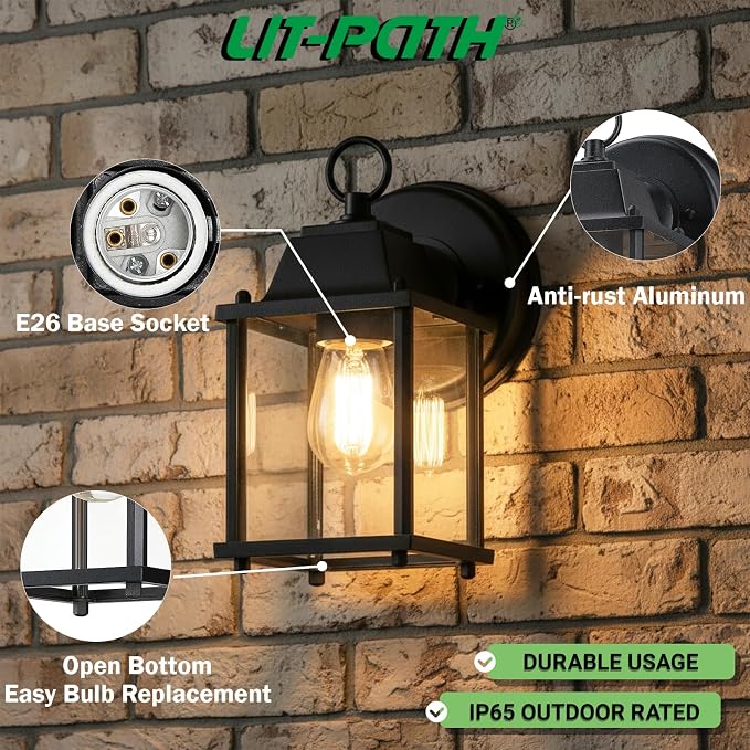 Outdoor Wall Light Fixture, Rustproof Aluminum, Clear Glass | Exterior Porch Light Wall Sconce Lantern for House, Patio, Garage, Waterproof, E26 Socket 60W Max, Black, 2 Pack