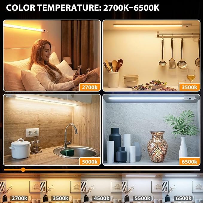 StarryEver 16 inch LED Under Cabinet Lighting with Memory Function, Color Tunable 2700K to 6500K, USB Powered Under Desk Light, Touchless Dimmable LED Light Bar for Home Kitchen,Cabinet,Pantry
