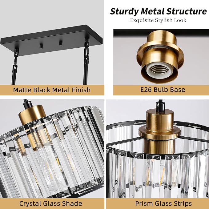 TALOYA Pendant Lights Kitchen Island Black and Gold, 3-Light Crystal Pendant Light Modern, Height Adjustable Chandelier Hanging Island Light Fixtures for Kitchen Dinning Room(Bulb Not Included)