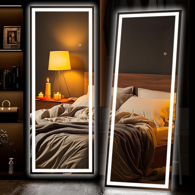 Hasipu Full Length Mirror with Lights, 67" x 20" LED Lighted Floor Standing, Full Body Dressing Hanging Mounted Mirror, Tempered Glass, Square Black