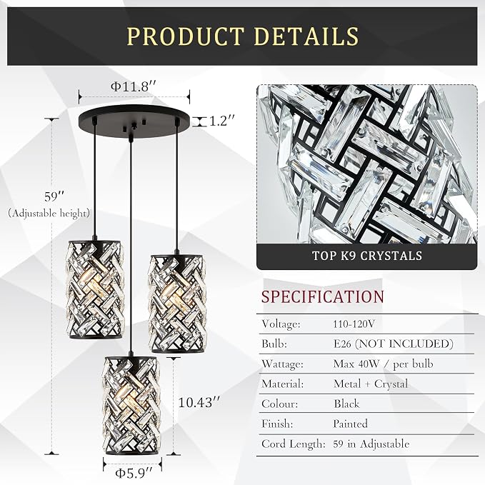 Black Crystal Cluster Pendant Light, 3-Light Kitchen Island Hanging Light | 3-light black crystal pendant with adjustable height, E26 sockets, dimmable for kitchen islands, dining rooms and bedrooms