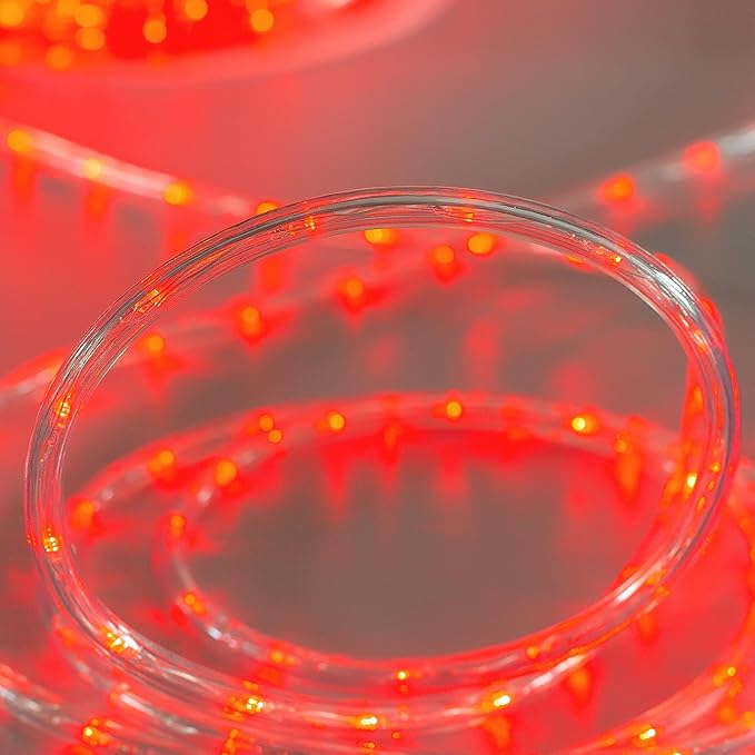 Waterproof LED Rope Lights, Connectable & Flexible with 8 Modes, Outdoor Lighting for Deck, Garden, Pool, Patio & Christmas Decor Transparent Tube (Red, 50ft)