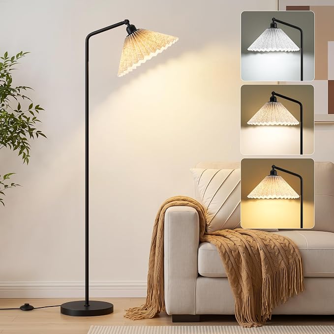 Floor Lamps for Living Room & Bedroom, 63" Modern Tall Standing Lamp, 3CCT | Rustic Pole Lamps for Home Office, Classroom, Bedside, Pleated Lampshade, Foot Switch, Easy Assembly (Bulb Included)