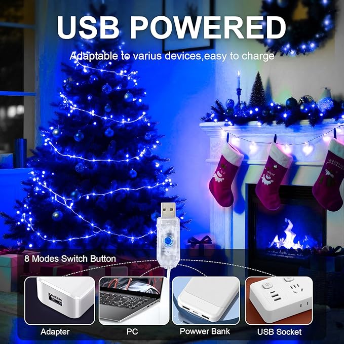 1Pack USB Plug in Fairy String Lights,16ft 50 LED Copper with Remote and Timer, 8 Modes Waterproof Twinkle String Lights Battery Powered for Bedroom Indoor Party Wedding Christmas Decoration