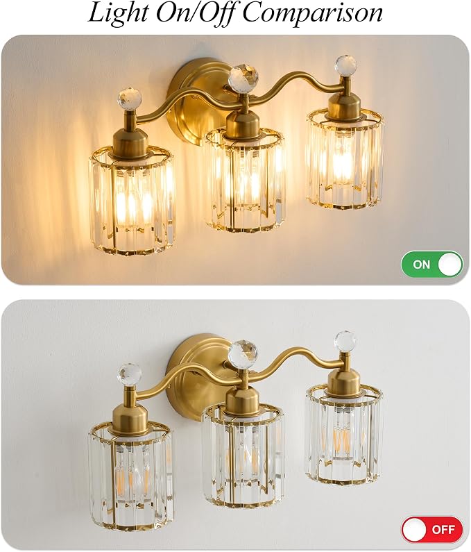 Gold Bathroom Vanity Light Fixtures 3-lights,Crystal Vanity Lights for Bath, Bathroom Lights Fixture with Clear Crystal Glass Shade, Modern Wall Light over Mirror, Wall Sconces Light for Hallway