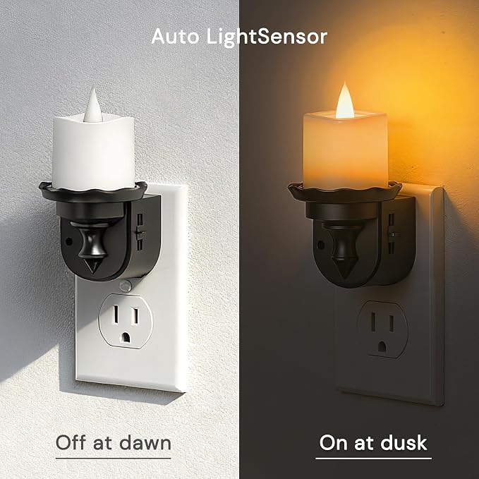L LOHAS LED Flameless Candle Night Light, Flicker Night Lights Plug in | 2 Pack, Amber Candle Nightlight with Light Sensor, 0-100LM Dimmable LED Flickering Nightlights for Kids Hallway Bathroom