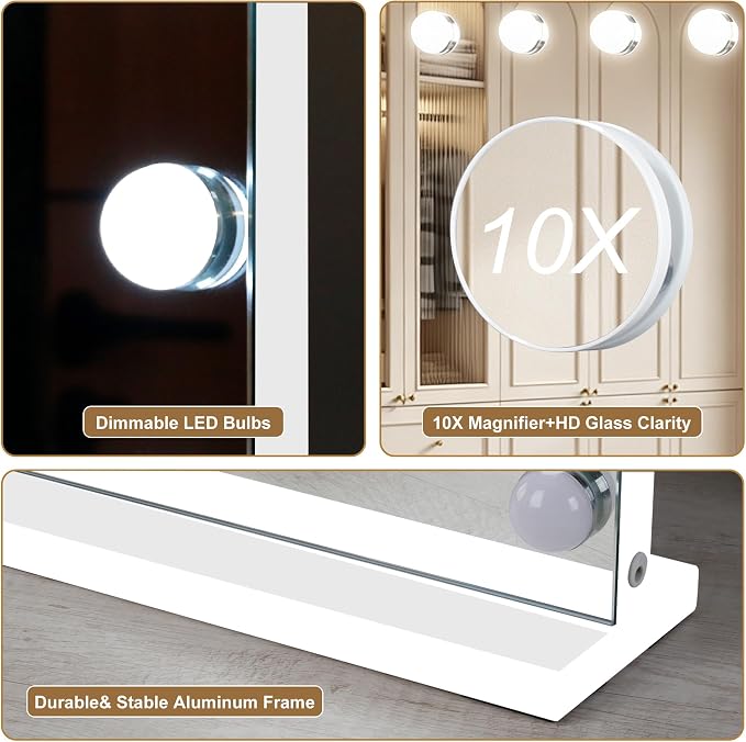 Ratsamee Hollywood Vanity Mirror with Lights, 17 Dimmable Bulbs, 3 Color Lights,Make Up Lighted Mirror, Aluminum Metal Frame, USB Charging Port（28" x 20"）