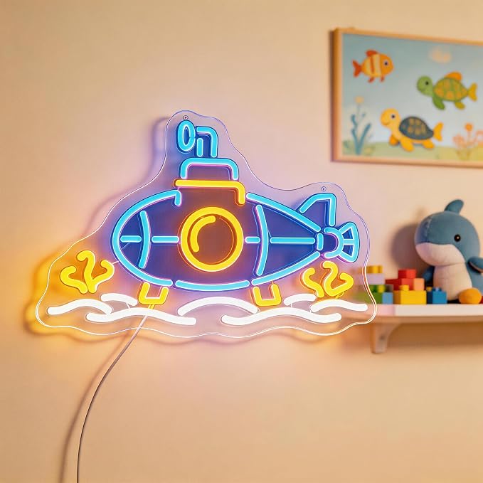 Submarine Neon Sign, RGB Color Changing, 16.5" x 10.7"IN | LED Underwater Sub Light, USB Powered, Wall Decor, Gamer Room Aesthetic, Boys Bedroom & Man Cave