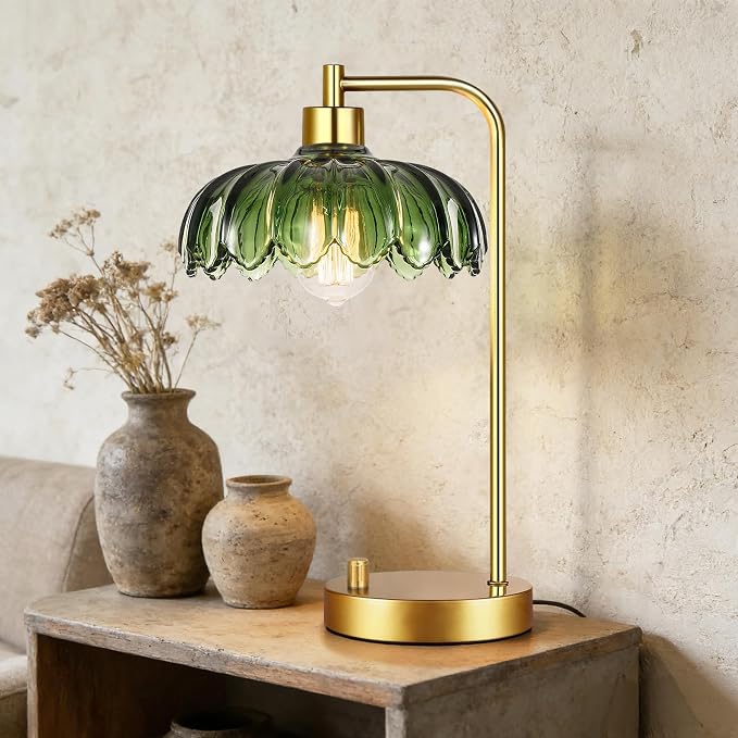 ILLMTW Glass Table Lamp Set of 2,Small Gold Bedside Lamps Dimmable Boho Bedroom Lamp with Tulip Flower Green Lamp Shade,Vintage Mid Century Modern Mini Nightstand Lamp for Bedroom Living Room