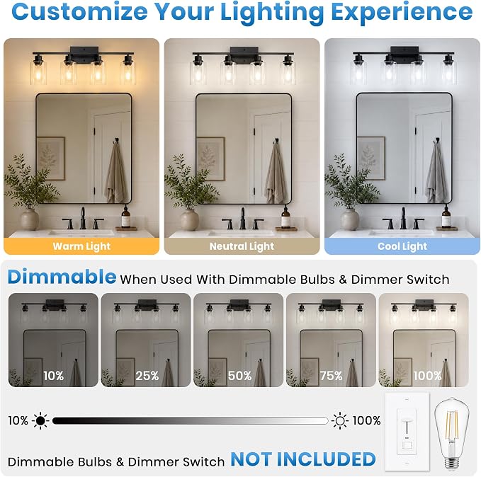 Ascher 4 Light Bathroom Light Fixture, Matte Black Bathroom Lighting Fixtures Over Mirror, Vanity Light with Clear Glass Shade, Wall Sconce for Living Room Bedroom Cabinet, E26 Base