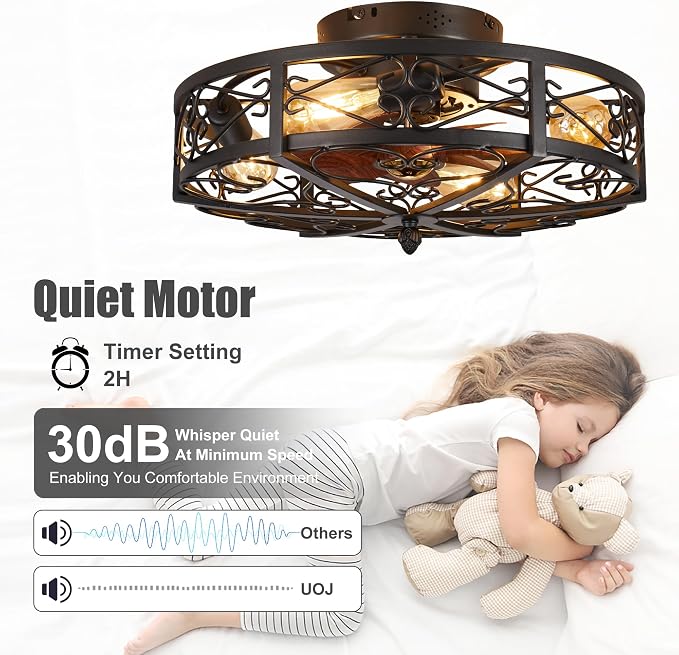 Rustic Black Caged Flush Mount Ceiling Fans with Lights and Remote Vintage Low Profile Bladeless Ceiling Fan, Reversible Motor, E26 Bulbs, 6 Speeds,for Farmhouse, Living Room, and Bedroom