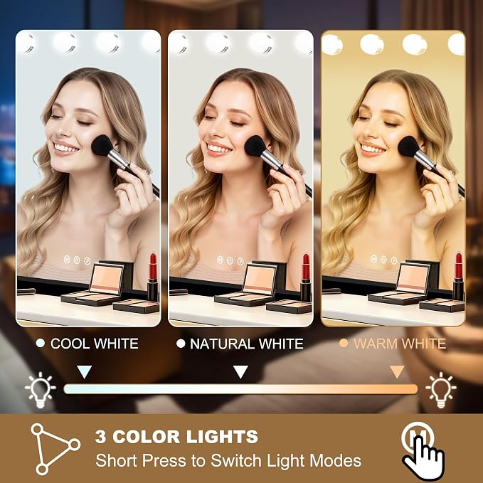 Ratsamee Black Hollywood Vanity Mirror with Lights, 17 Dimmable Bulbs, 3 Color Lights,Make Up Lighted Mirror, Aluminum Metal Frame, USB Charging Port（28" x 20"）