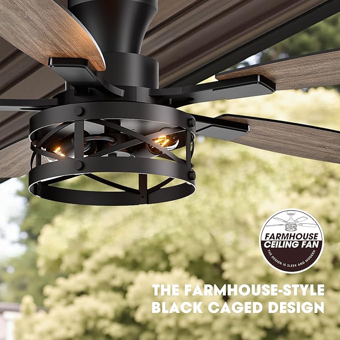 52-Inch Farmhouse Flush Mount Ceiling Fan Vintage wood-grain blades quiet powerful motor warm ambient light ideal for indoor spaces, bedrooms, living rooms farmhouse patios.