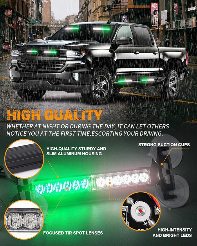 XRIDONSEN 2x 10.7 inch Green White Emergency Lights 24 LED Strobe Light Bar Warning Flashing Safety Dash Side Window Front/Rear windshield Lights Traffic Advisor for Firefighter Vehicles POV Trucks