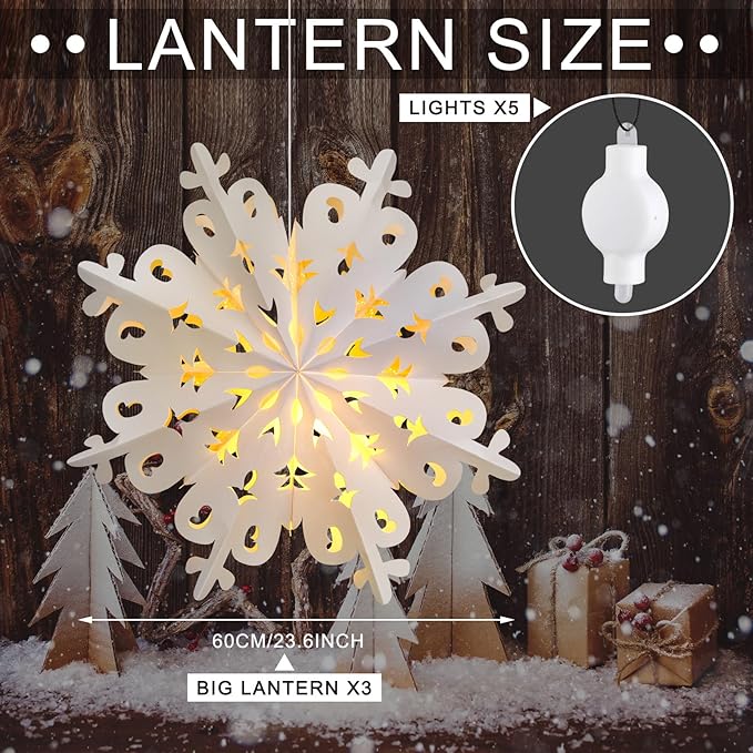 Mudder 3 Pcs Christmas Paper Snowflake Lanterns with 5 LED Light 23.6 Inch 3D White Hanging Snowflake Lamps Winter Party Hanging Decoration for Xmas Trees Holiday Winter Weddings Birthday Celebration