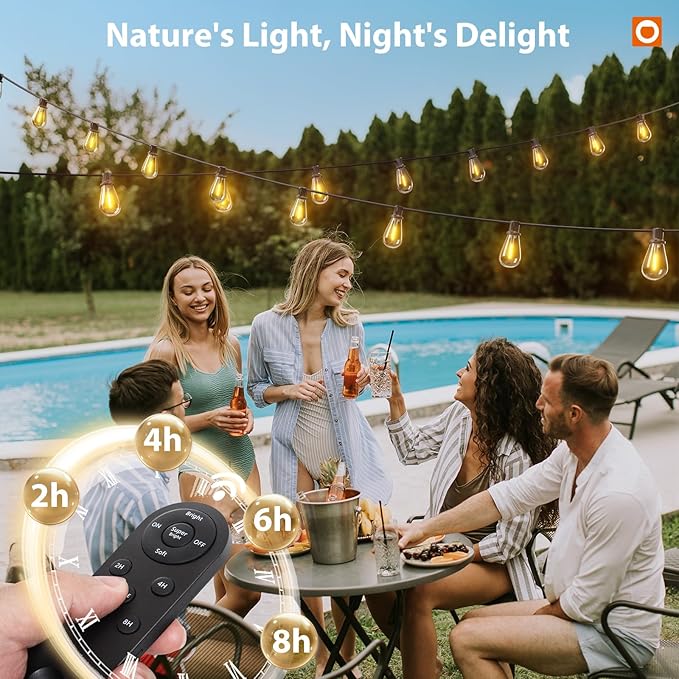 addlon 104FT(96FT+8) Solar String Lights Outdoor Waterproof with USB Port & Remote Control Solar Patio Lights for Outside Solar Powered with 34 LED Dimmable Bulbs for Porch Garden Deck Halloween