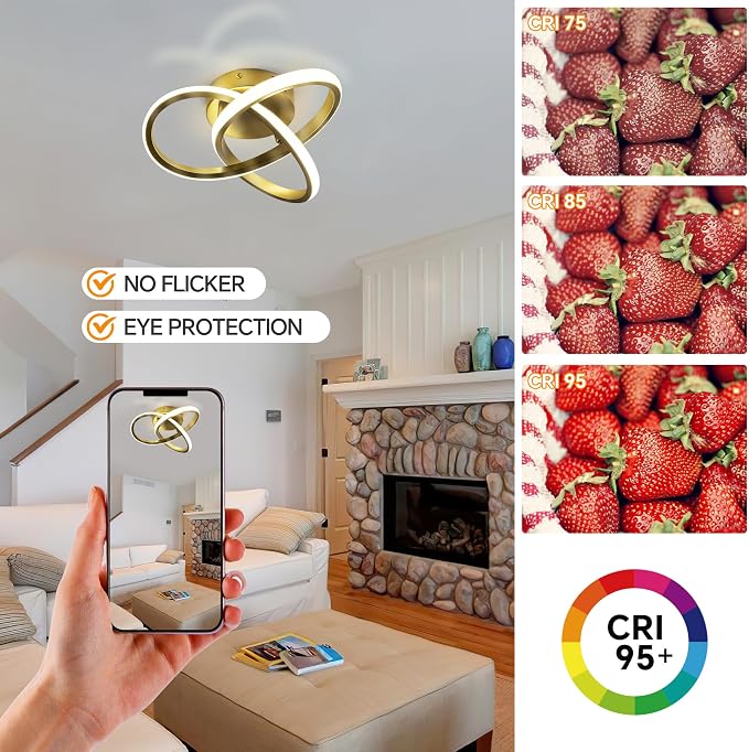 10 Inch Modern Ceiling Light, 24W LED Dimmable Ceiling Light with Remote Control, 3000-6000K Color Temperature Adjustable, Gold Small Chandelier for Bedroom, Entryway, Hallway, Kitchen