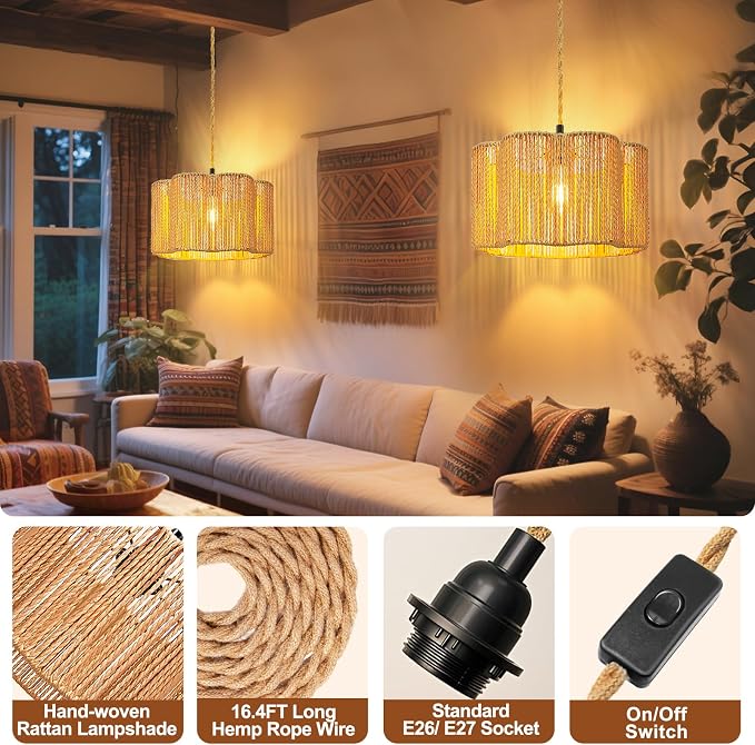 Hanging Lamps Rattan Pendant Light Hanging Lights 16.4ft Plug in Cord Pendant Light Fixture Plug Into Wall Outlet Pendant Lighting with On Off Switch for Bedroom Living (Cylindrical Flower Shade)