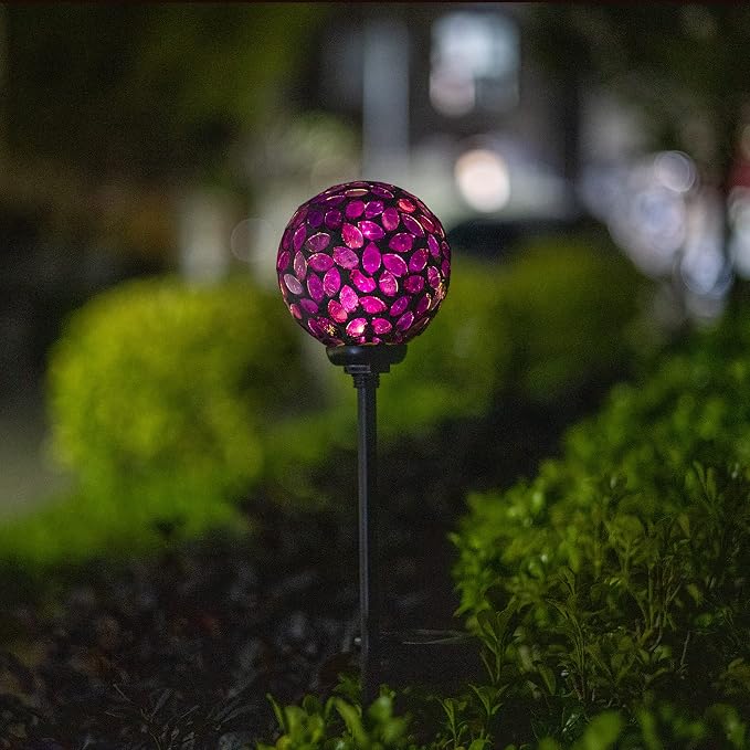 VCUTEKA Decorative Solar Garden Lights, 3.5" Mosaic Globe Outdoor Stake | Mosaic Glass Globe Design, Solar LED Light, Waterproof Design, Auto On/Off and Metal Stake Design for Lawn and Patio