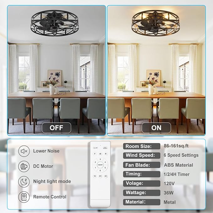 Depuley Flush Mount Ceiling Fan: 20" Caged Ceiling Fans with Remote Control for Patio Kitchen Bedroom - Low Profile Fandelier Lights Fixture Reversible 6 Speed Timer Black 4*E26 Bulb Not Included