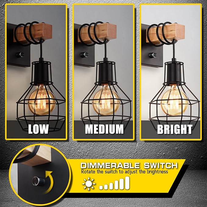 Lightess Set of Two Black Cage Farmhouse Wall Sconces with Dimmer Switch | Metal Cage Frame Adjustable Brightness Wall Mount Light Dimmable Rustic Industrial For Kitchen Living Room Indoor Decor