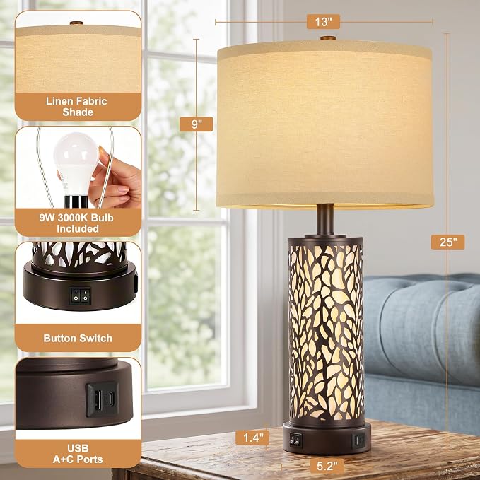 ROTTOGOON 25" Farmhouse Table Lamps for Living Room Set of 2, Rustic Metal Bedroom Lamps with USB A+C Ports Vintage Nightstand Lamp with Night Light, Bulbs Included