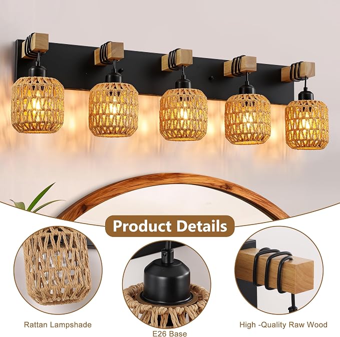 LmnLvn 5-Light Bathroom Vanity Light, Boho Farmhouse Rattan Handwoven Shade | Wood & Metal Frame, Rattan Vanity Light Design, Mounted Over Mirror, Easy To Install for Restroom, Bedroom & Hallway