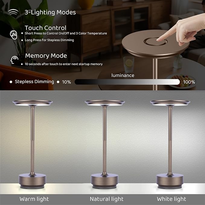 UdoUto Cordless Table Lamp Rechargeable -Coffee | 5000mAh Battery Operated, LED, Touch Stepless Dimming, Portable Metal Outdoor Lamp for Patio, Restaurant