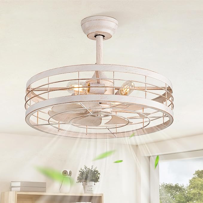 LEDIARY 22 inch Caged Bladeless Ceiling Fan Light with Remote, White Gold | 6 Speed Adjustable,Timing, Quiet & Powerful DC, Small, Farmhouse, Industrial, Enclosed, Bladeless, Bedroom, Kitchen, Downrod