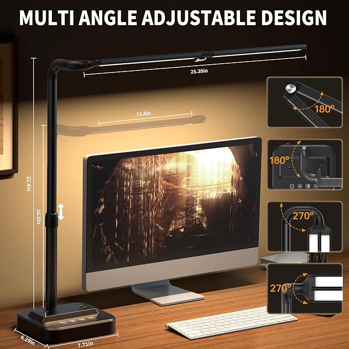 LED Desk Lamp, Ultra Wide Computer Light, Dimmable Desk Light with USB Fast Charging, Adjustable Foldable Eye Caring Office Desk Lamp for Monitor Work Gaming Home Study