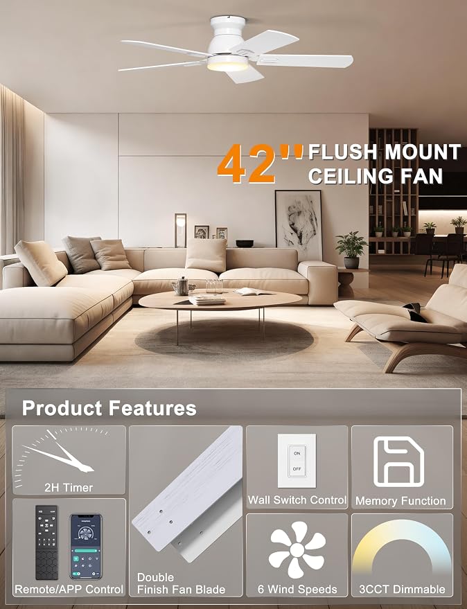 Ohniyou 42'' Low Profile Ceiling Fan with Lights, Remote/APP Control, White | Flush Mount, Dimmable 3CCT LED, Quiet DC Motor; Memory Function, 4775 CFM, Small Ceiling Fan for Indoor Bedroom Kitchen