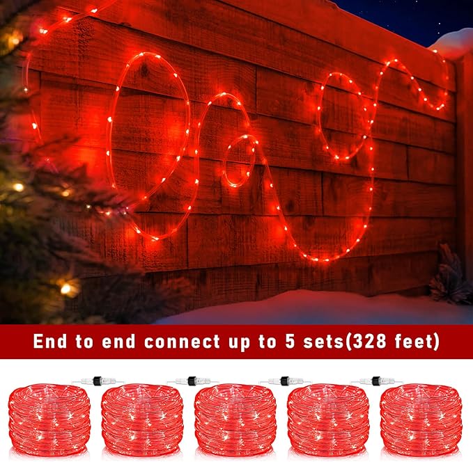 66FT 200 LED Rope Lights Outdoor Waterproof, Connectable Rope Lights for Outside with 8 Modes, Plug in Flexible String Lights for Indoor Bedroom Backyard Yard Patio Pool Tree Decorations - Red