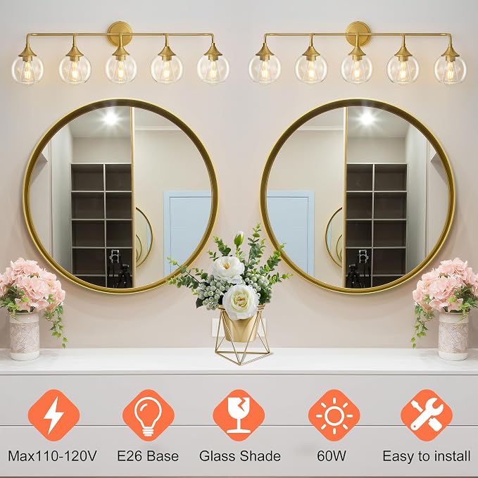 Farmhouse Bathroom Vanity Light Gold 5-Light Vanity Light 39" | Modern Vanity Lighting Fixtures Over Mirror, Thickened Clear Glass Shade, UL E26 Dimmable Vanity Light Fixtures