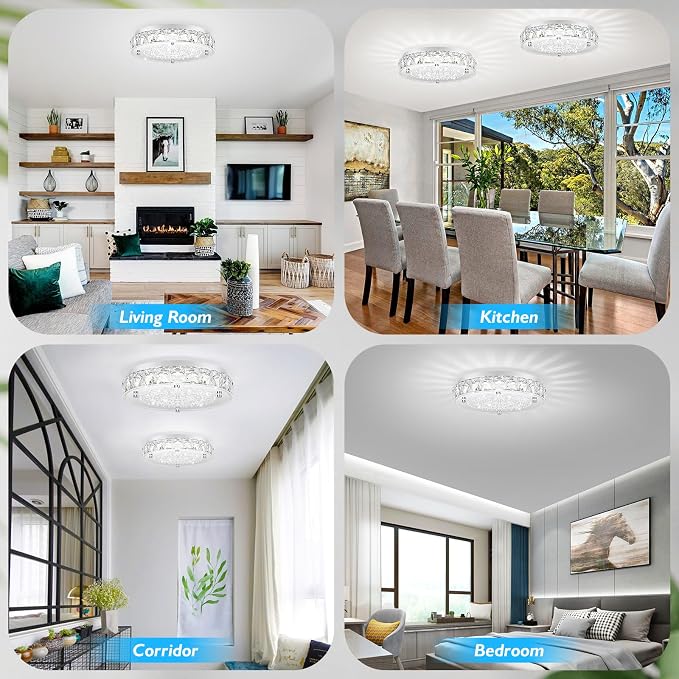 Crystal Flush Mount Chandeliers, LED Ceiling Light Fixture 13-Inch, 5000K Daylight White Super Bright 3300LM Dimmable Farmhouse Kitchen Light Modern Ceiling Lamp for Bedroom Bathroom Nursery