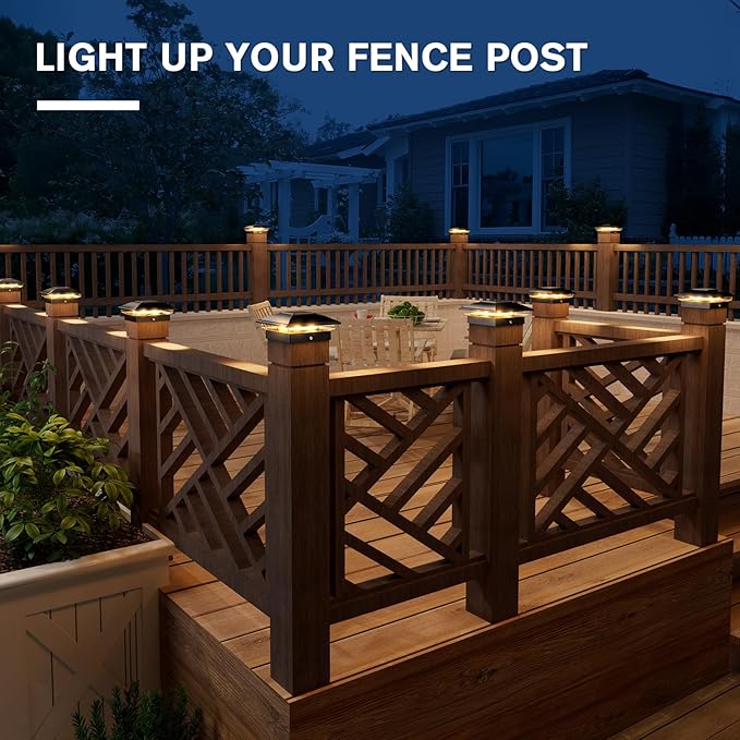 VOLISUN Black Solar Post Cap Lights, Warm White Fence Lights 4 Pack | Solar powered waterproof lamps fit 4x4/6x6 wooden & 4x4/5x5 vinyl posts for garden, patio, porch and backyard use