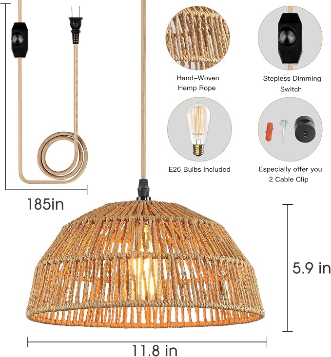 Plug in Pendant Light, Hanging Lights with 15ft Golden Cotton Cord & Stepless Dimming Switch, Handwoven Hemp Rope Lampshade, Boho Hanging Lamp for Kitchen, Hallway (Bulb & 2 Swag Hooks Included)