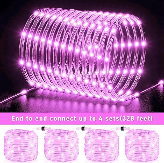 100FT 300 LED Rope Lights for Outside, Connectable Rope Lights Outdoor Waterproof with 8 Modes, Plug in Christmas String Lights for Deck, Garden, Backyard, Pool, Patio, Pool, Camping Decor - Pink