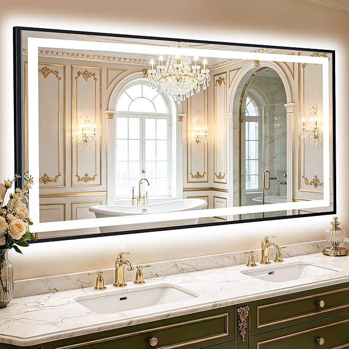 LED Bathroom Mirror with Light, 30x55 Vanity Mirror for Wall with Frame | Anti-Fog, Dimmable 3 Colors, Memory Function, Backlit and Front Lit, Shatter-Proof Glass, Plug-in/Hardwired