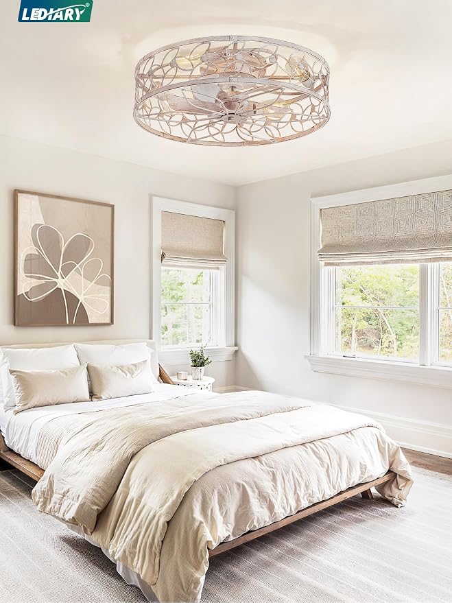 LEDIARY 23" Caged Ceiling Fan with Light, Flush Mount Fandalier with Remote | Low Profile, Farmhouse Large, Bladeless Industrial, Quiet DC Motor, App Control for Bedroom, Kitchen, Dining Room, White Gold