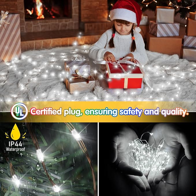 KNONEW 203FT 600LED Green Wire Outdoor Fairy Lights Plug in Cool White Xmas | Timer,Memory,Dimmable,Remote,Waterproof,Green Wire,Invisible in Greenery,for Garden,Wedding,Party, Indoor/Outdoor, Christmas