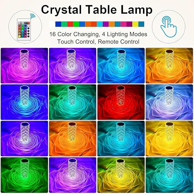 Crystal Table Lamp Touch, 16 Color Changing Night Light, Rechargeable, Dimmable, RGB Rose Diamond Ambient Mood Lighting, Protable Cordless Desk Lamp Bedside Led Light for Bedroom Living Room Party