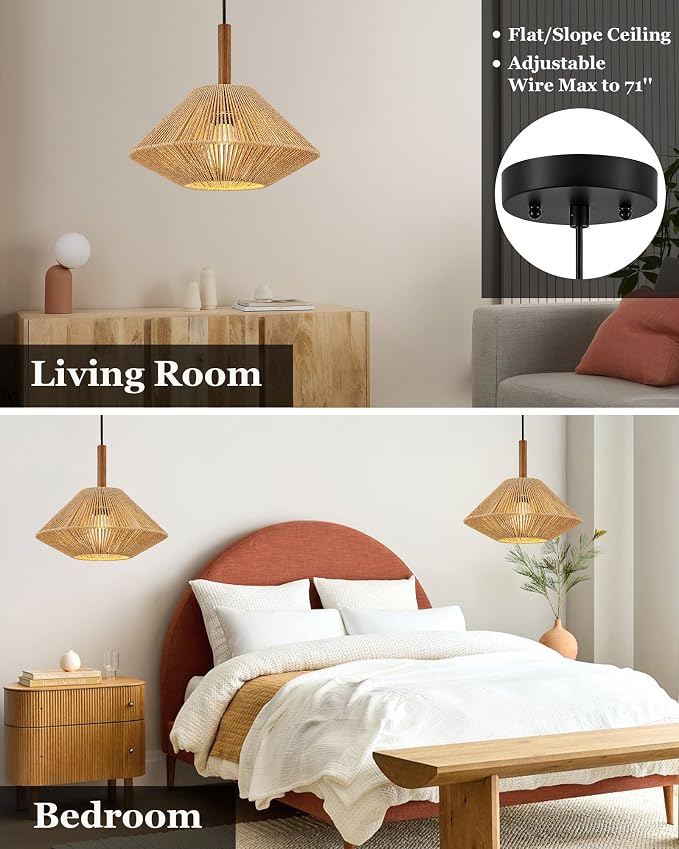 ELYONA 12.6" Boho Pendant Light Fixtures, Rattan Woven Pendant Light with Solid Ash Wood, Hanging Light for Kitchen Island, Farmhouse Ceiling Light for Dining Room Bedroom Living Room
