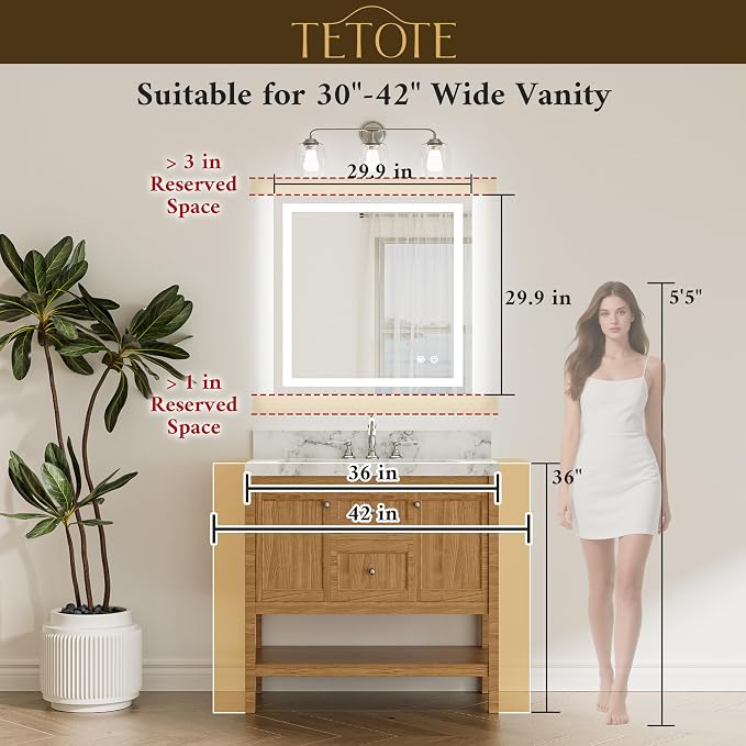 30 x 30 Inch LED Bathroom Mirror with Frontlit and Backlit, Brighter Light up Bathroom Vanity Mirror with Lights, 3-Color Dimmable Illuminated Anti Fog Mirror Wall Mounted, Waterproof
