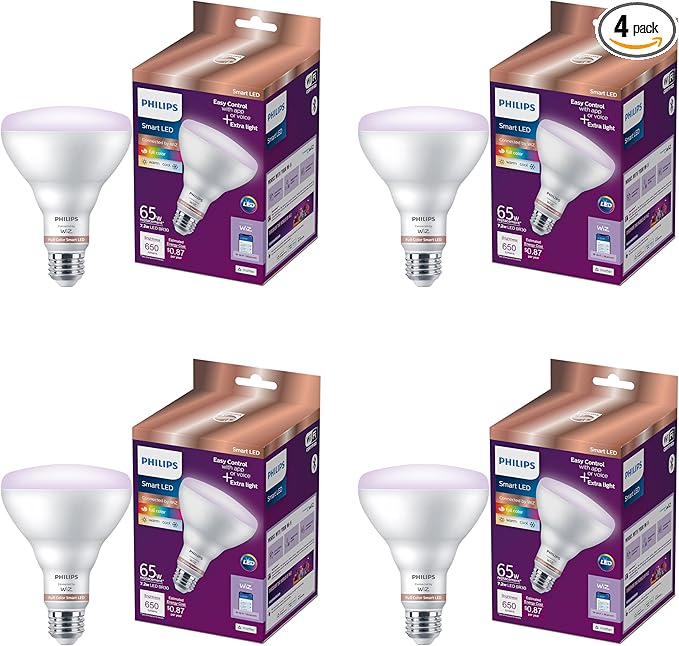 PHILIPS Smart 65W BR30 Color LED Smart Bulb 4-Pack -E26- Indoor - Connects to Your Existing Wi-Fi - Control with Voice or App + Activate with Motion - Matter Compatible