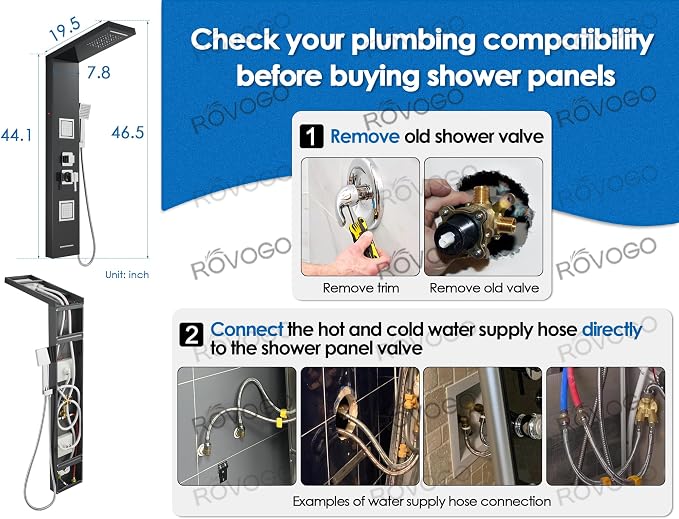 ROVOGO Shower Panel Tower System with Led Lights - Battery Powered, 46.5" | Rainfall Waterfall Shower Head, 2 Body Jets, Handheld and Tub Spout, Stainless Steel Shower Column with Brass Valves, Black