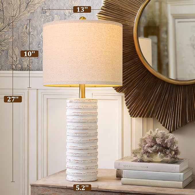 PoKat 27'' Tall Table Lamps for Living Room, Farmhouse Bedside Lamps Set of 2 for Bedroom, Rustic Ceramic Nightstand Lamps with Linen Lampshade Distressed Design for Office Entryway Hallyway (White)