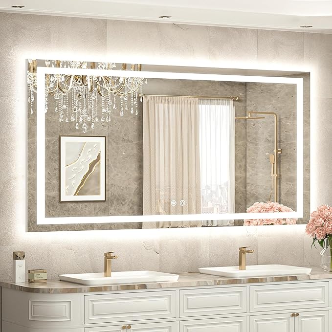 55 x 30 LED Bathroom Mirror with Frontlit and Backlit, Brighter Light up Bathroom Vanity Mirror with Lights, 3-Color Dimmable Lighted Vanity Anti Fog Mirror, Waterproof, Shatterproof